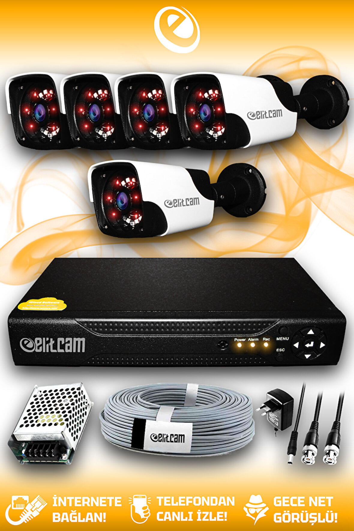 ELITCAM 5 Kameralı Panda 5 Dış Kamera Set HDD'siz Full HD Gece Görüşlü Güvenlik Kamerası Sistemi