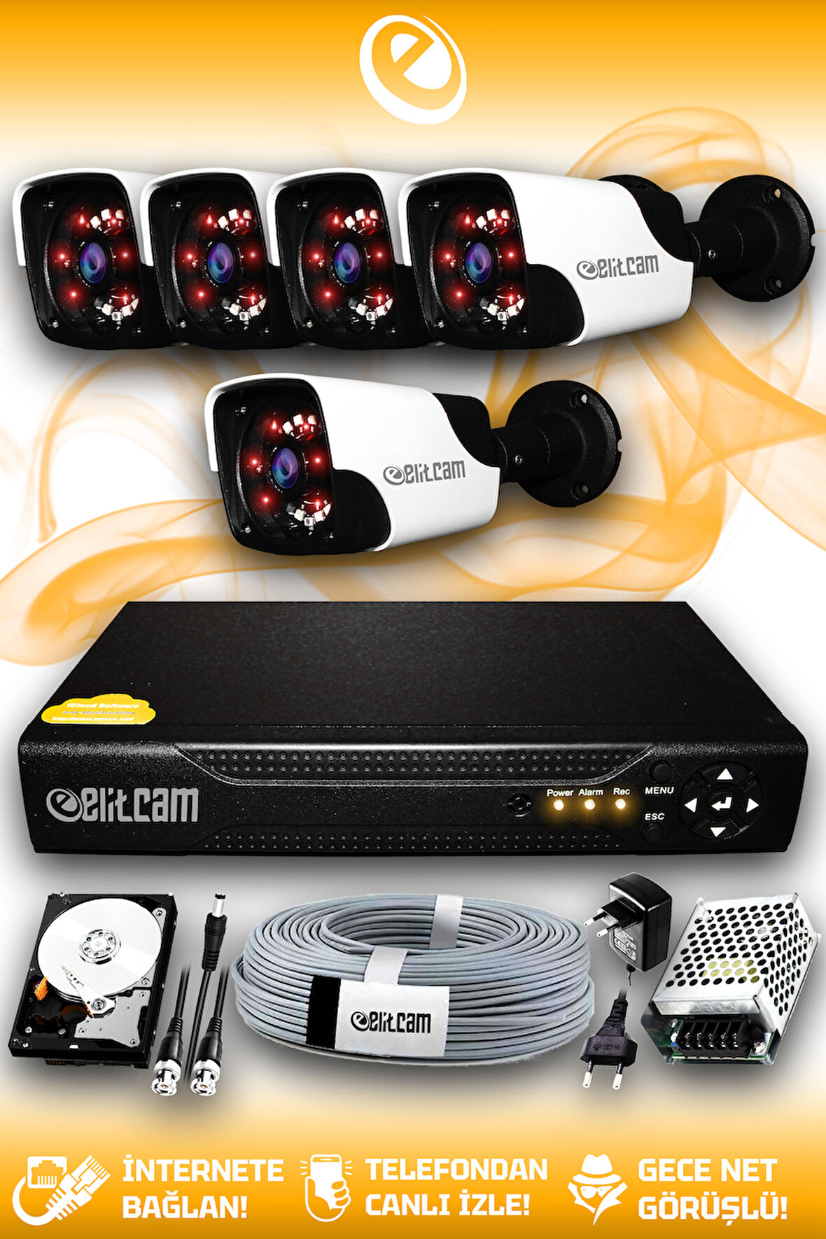 ELITCAM 5 Kameralı Panda 5 Dış Kamera Set 2 TB HDD Full HD Gece Görüşlü Güvenlik Kamerası Sistemi
