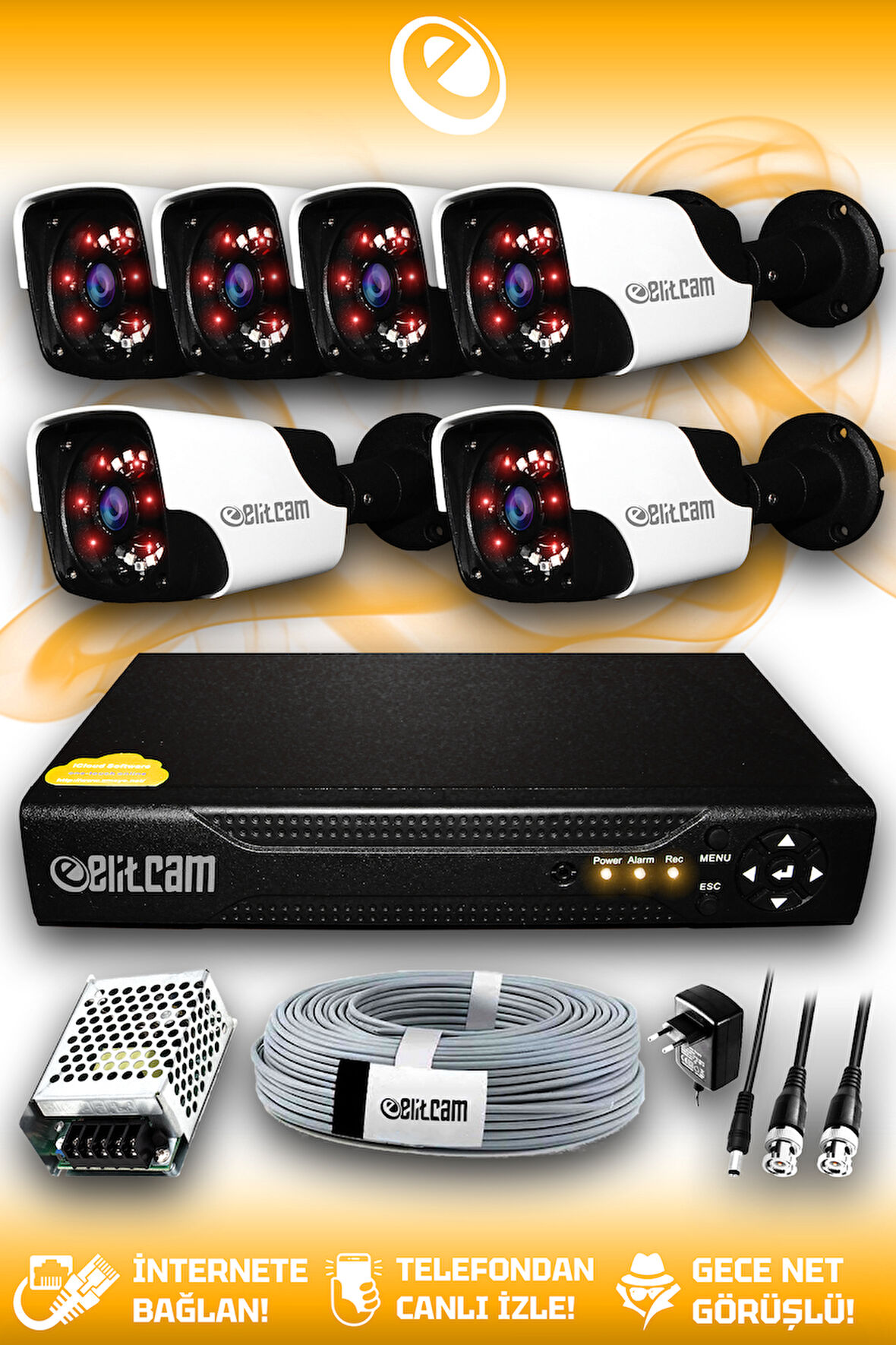 ELITCAM 6 Kameralı Panda 6 Dış Kamera Set HDD'siz Full HD Gece Görüşlü Güvenlik Kamerası Sistemi