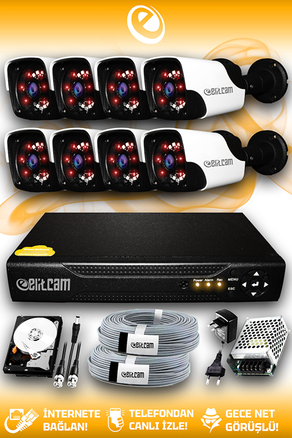 ELITCAM 8 Kameralı Panda 8 Dış Kamera Set 100 GB HDD Full HD Gece Görüşlü Güvenlik Kamerası Sistemi