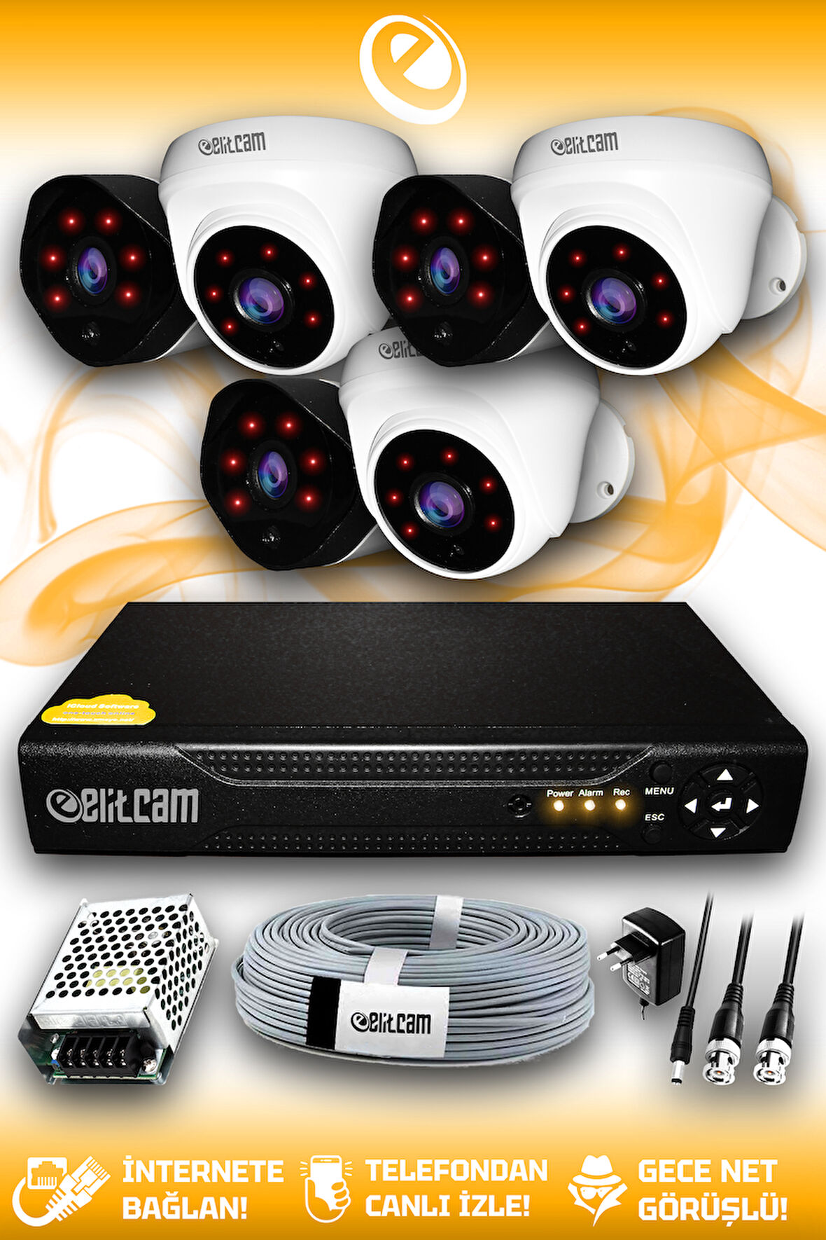 ELITCAM 6 Kameralı Uzay 3 İç Kamera Set HDD'siz Full HD Gece Görüşlü Güvenlik Kamerası Sistemi