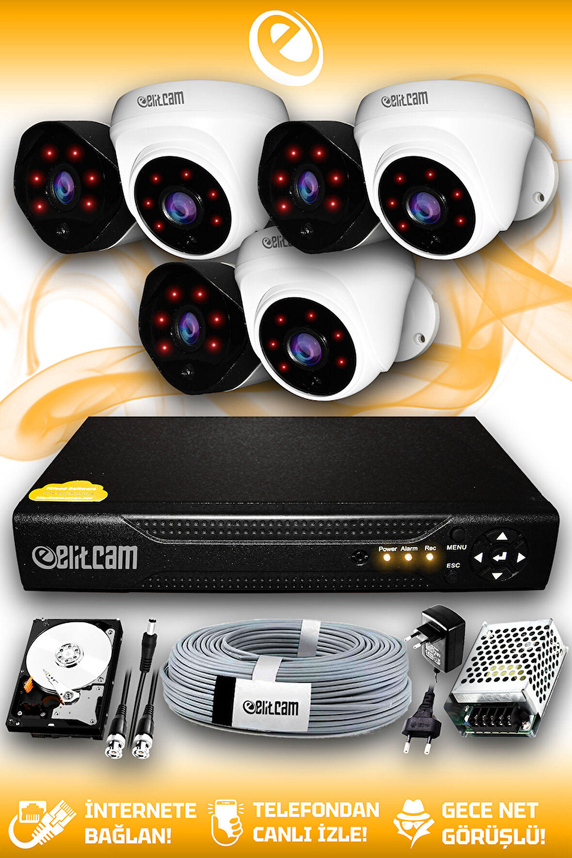 ELITCAM 6 Kameralı Uzay 3 İç Kamera Set 100 GB HDD Full HD Gece Görüşlü Güvenlik Kamerası Sistemi