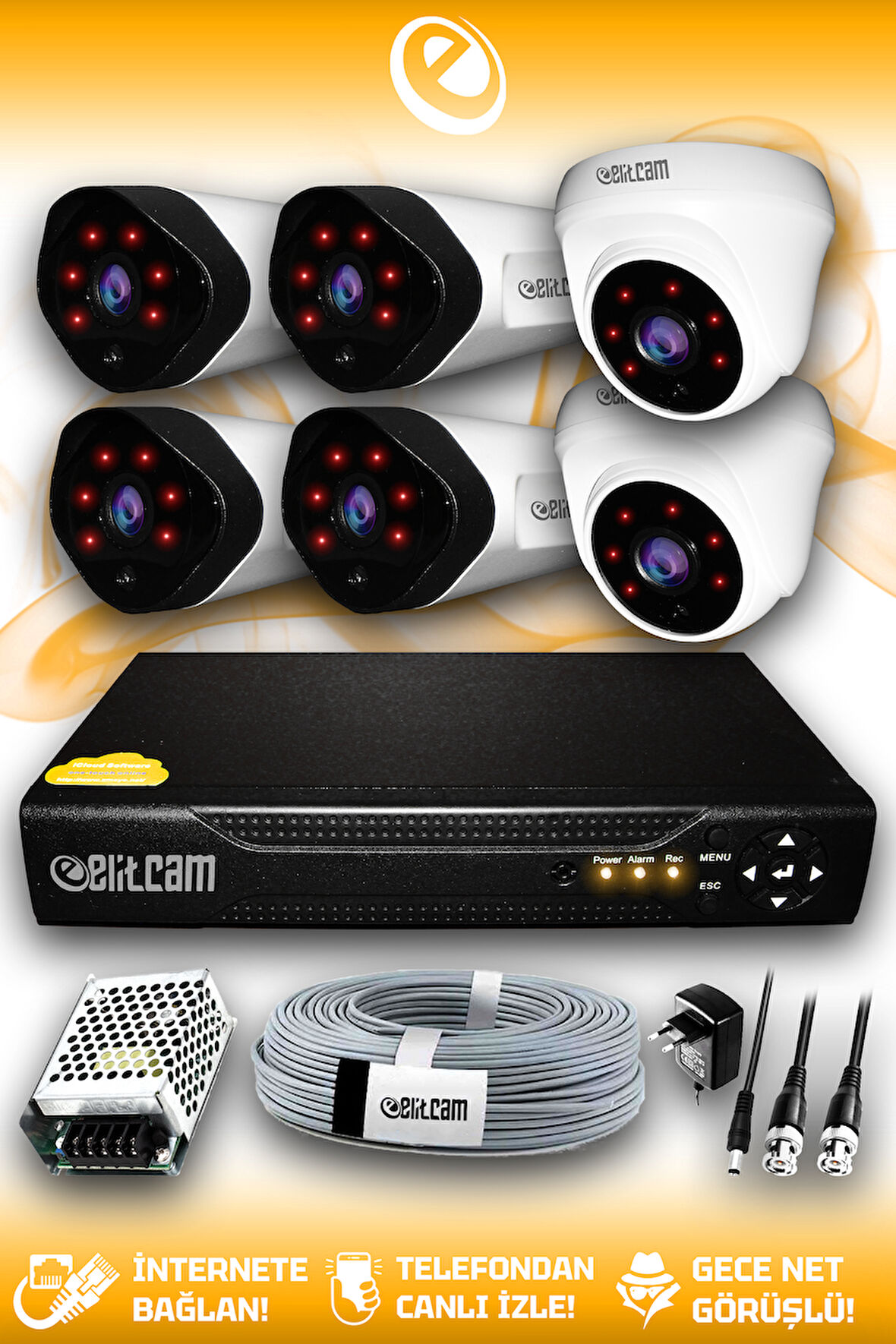 ELITCAM 6 Kameralı Uzay 2 İç Kamera Set HDD'siz Full HD Gece Görüşlü Güvenlik Kamerası Sistemi
