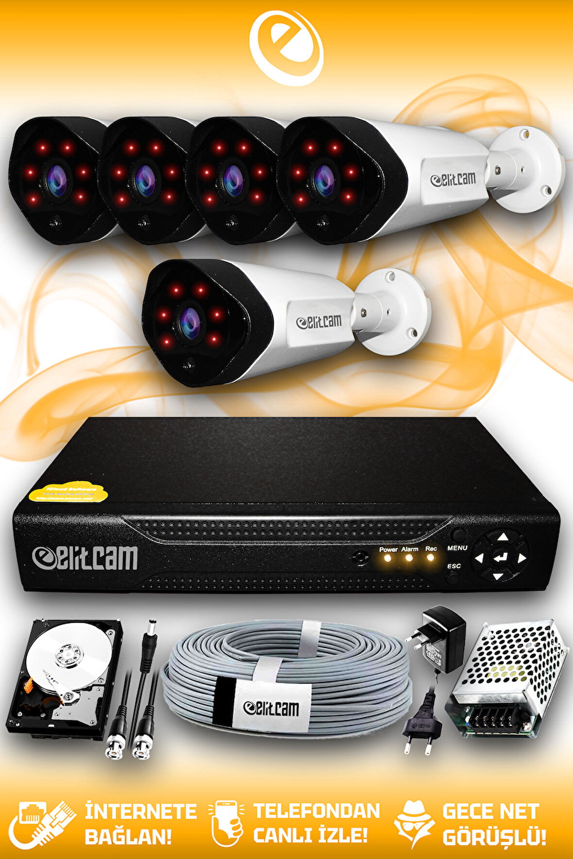 ELITCAM 5 Kameralı Uzay 5 Dış Kamera Set 100 GB HDD Full HD Gece Görüşlü Güvenlik Kamerası Sistemi