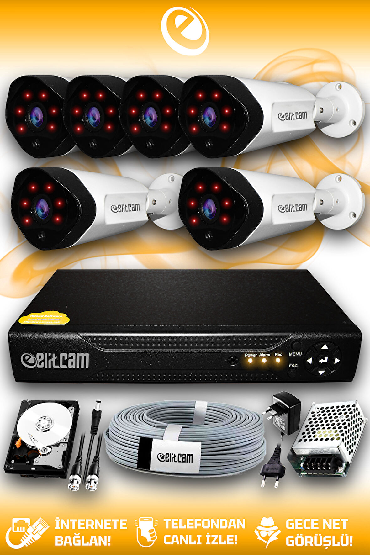 ELITCAM 6 Kameralı Uzay 6 Dış Kamera Set 100 GB HDD Full HD Gece Görüşlü Güvenlik Kamerası Sistemi