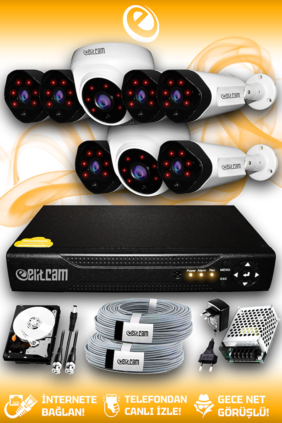 ELITCAM 8 Kameralı Uzay 2 İç Kamera Set 320 GB HDD Full HD Gece Görüşlü Güvenlik Kamerası Sistemi
