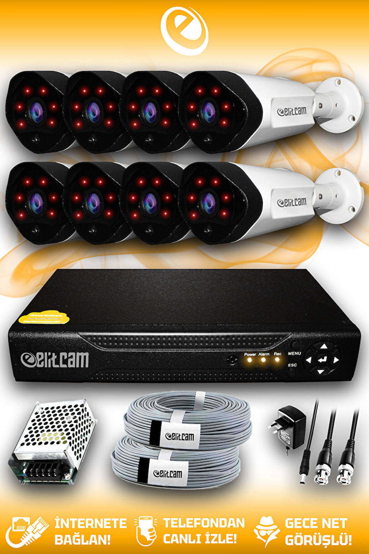 ELITCAM 8 Kameralı Uzay 8 Dış Kamera Set HDD'siz Full HD Gece Görüşlü Güvenlik Kamerası Sistemi