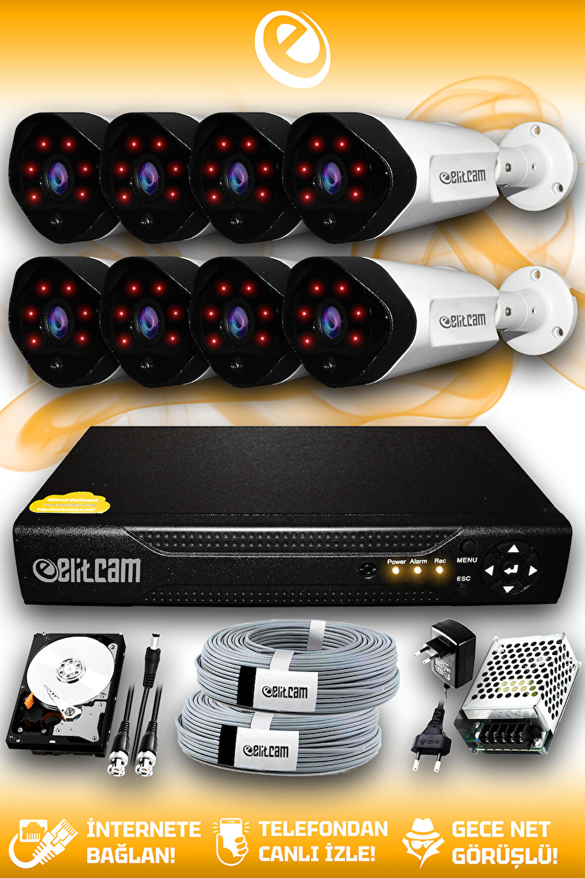 ELITCAM 8 Kameralı Uzay 8 Dış Kamera Set 100 GB HDD Full HD Gece Görüşlü Güvenlik Kamerası Sistemi
