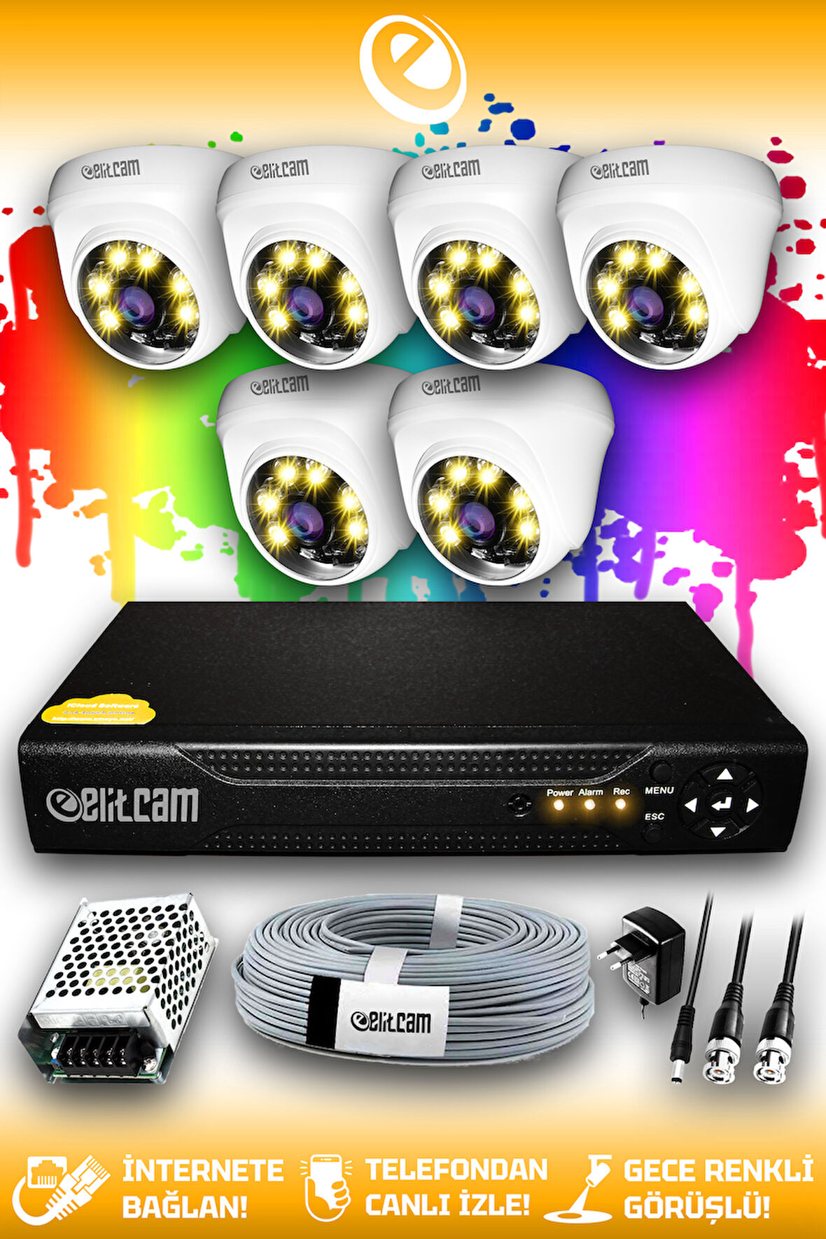 ELITCAM 6 Kameralı Dome 6 İç Kamera Set HDD'siz Full HD Renkli Gece Görüşlü Güvenlik Kamerası Sistemi