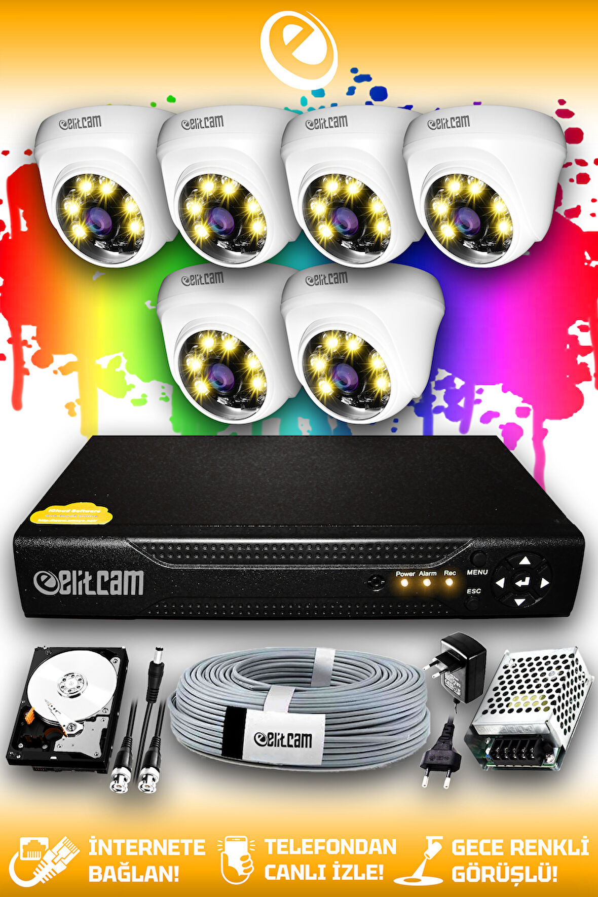 ELITCAM 6 Kameralı Dome 6 İç Kamera Set 2 TB HDD Full HD Renkli Gece Görüşlü Güvenlik Kamerası Sistemi