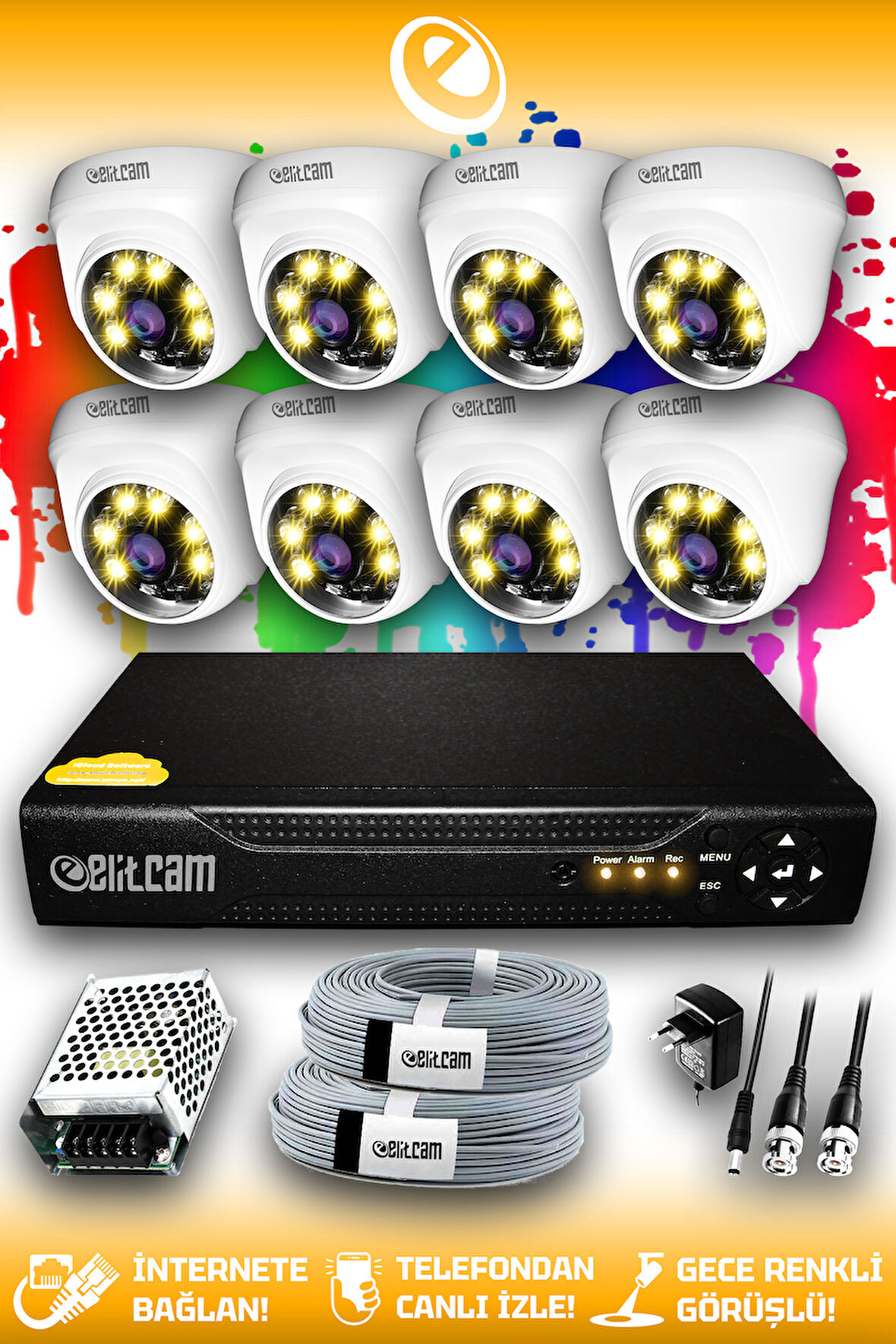 ELITCAM 8 Kameralı Dome 8 İç Kamera Set HDD'siz Full HD Renkli Gece Görüşlü Güvenlik Kamerası Sistemi