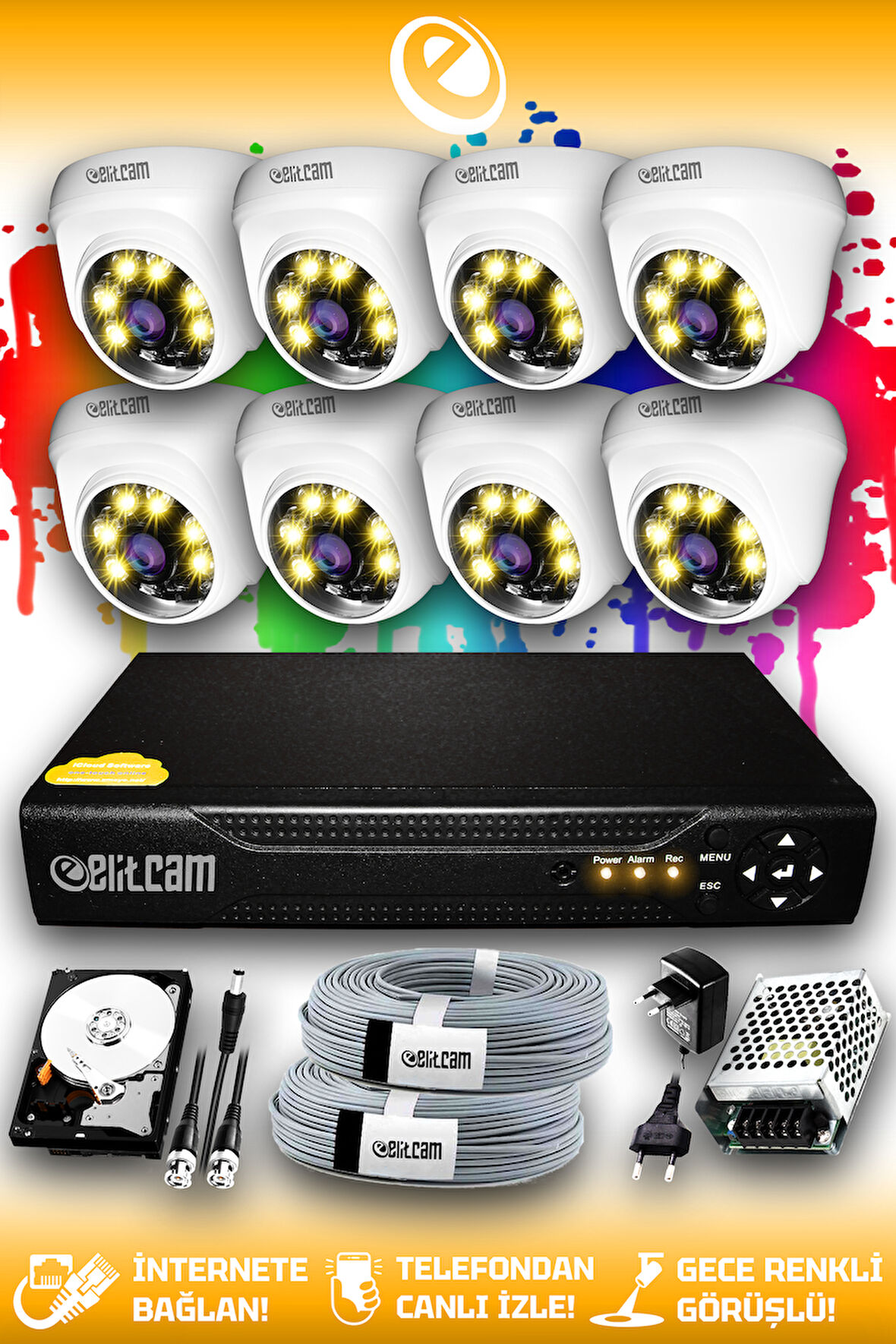 ELITCAM 8 Kameralı Dome 8 İç Kamera Set 100 GB HDD Full HD Renkli Gece Görüşlü Güvenlik Kamerası Sistemi