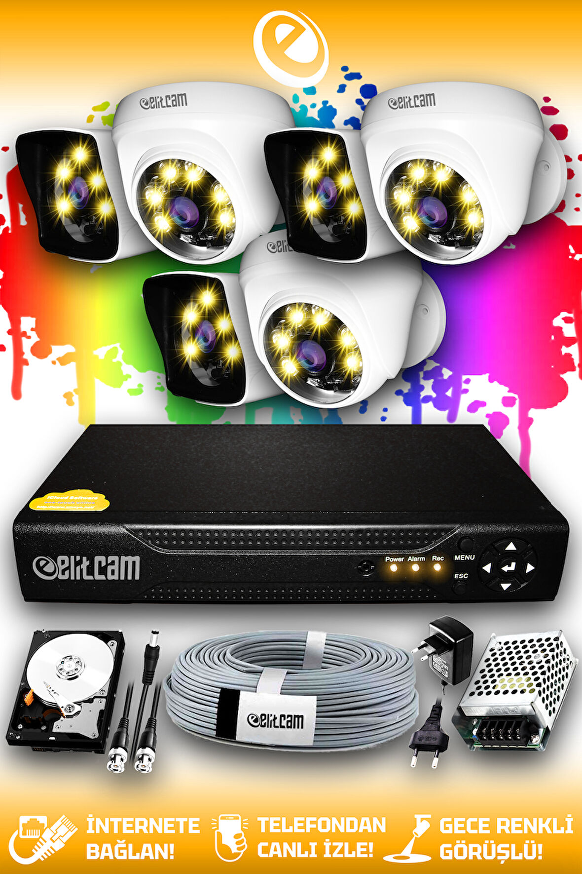 ELITCAM 6 Kameralı Kare 3 İç Kamera Set 1 TB HDD Full HD Renkli Gece Görüşlü Güvenlik Kamerası Sistemi