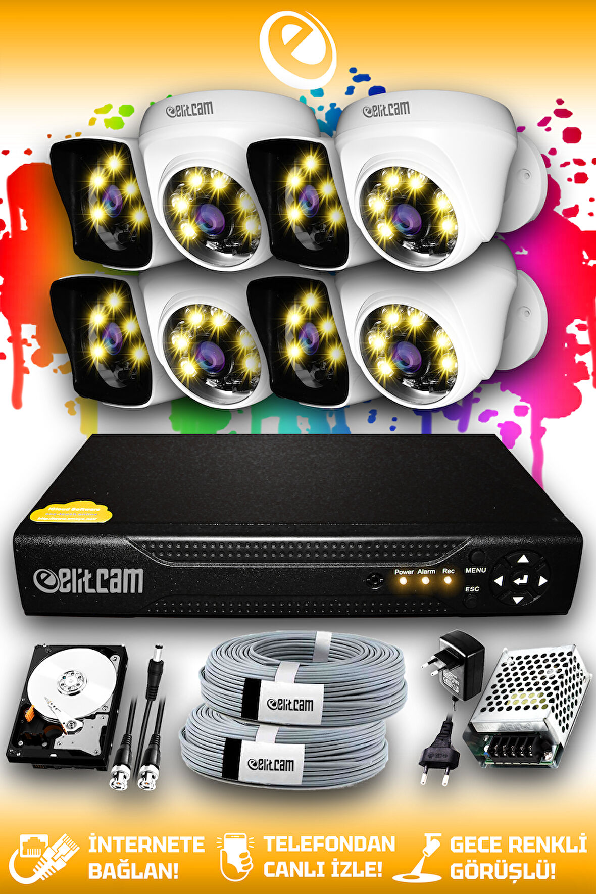 ELITCAM 8 Kameralı Kare 4 İç Kamera Set 100 GB HDD Full HD Renkli Gece Görüşlü Güvenlik Kamerası Sistemi