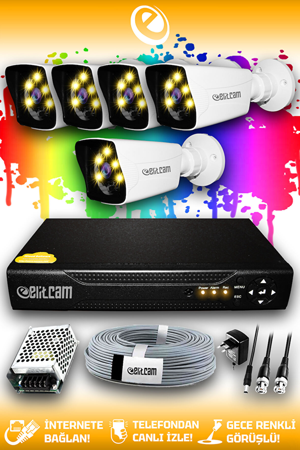 ELITCAM 5 Kameralı Kare 5 Dış Kamera Set HDD'siz Full HD Renkli Gece Görüşlü Güvenlik Kamerası Sistemi