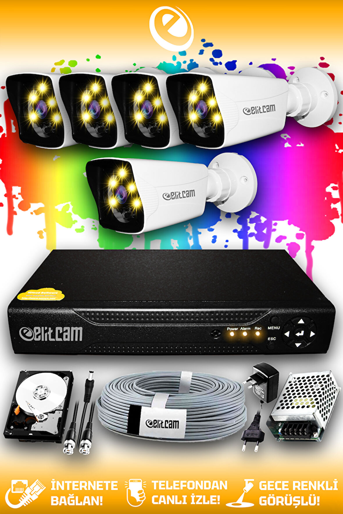 ELITCAM 5 Kameralı Kare 5 Dış Kamera Set 1 TB HDD Full HD Renkli Gece Görüşlü Güvenlik Kamerası Sistemi
