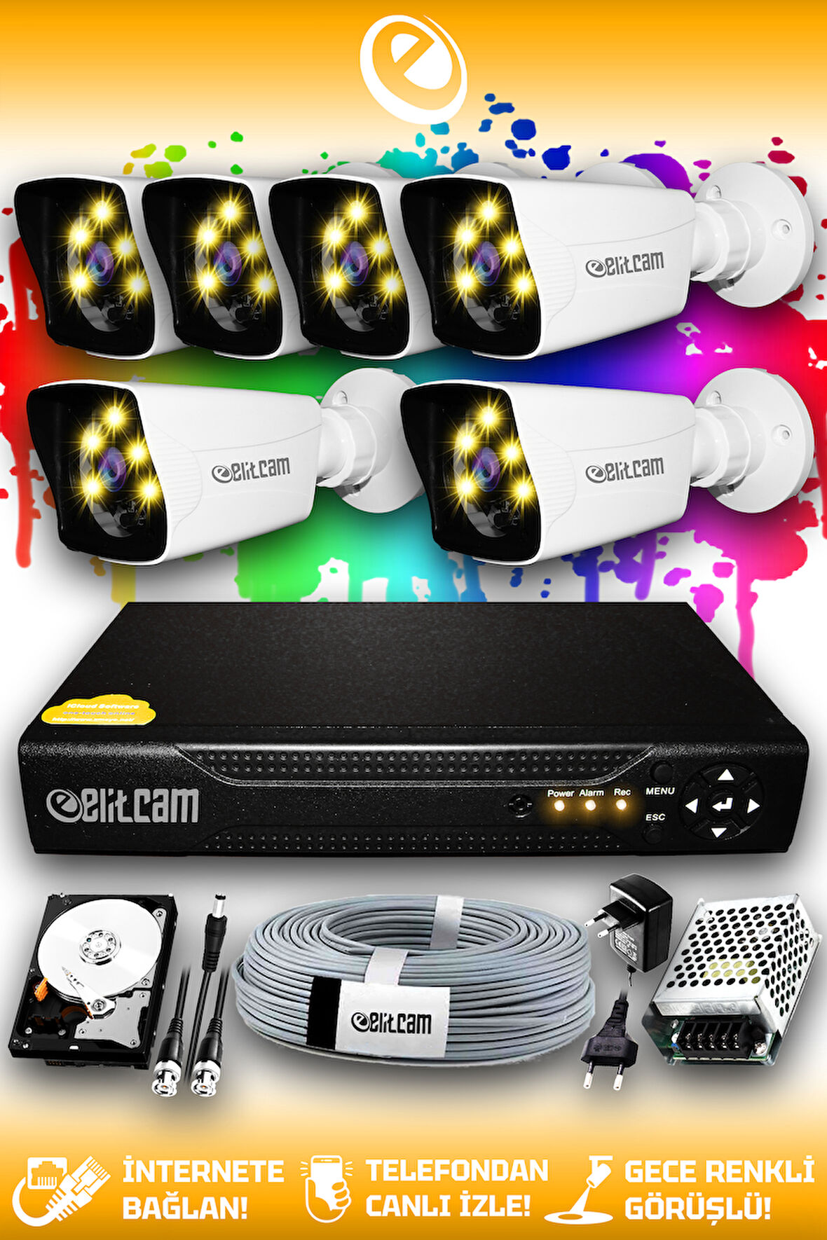 ELITCAM 6 Kameralı Kare 6 Dış Kamera Set 320 GB HDD Full HD Renkli Gece Görüşlü Güvenlik Kamerası Sistemi