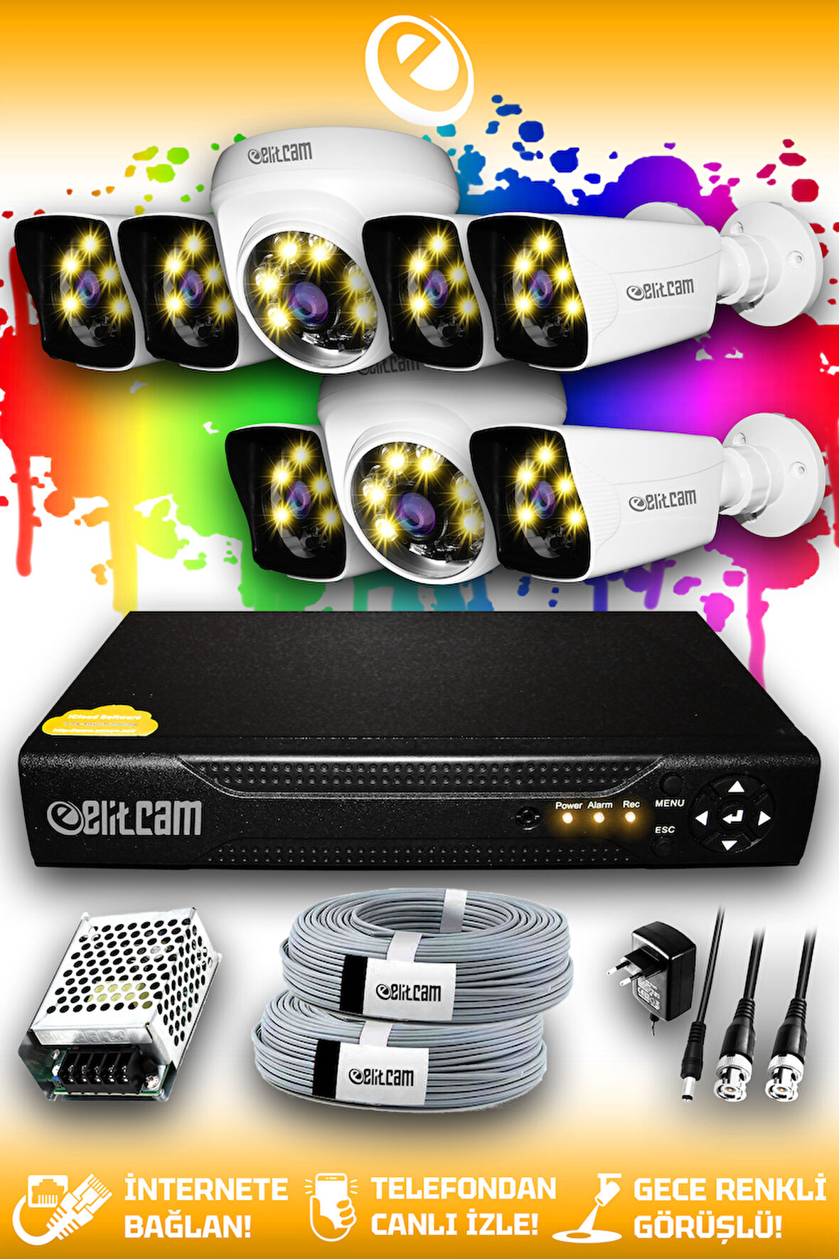 ELITCAM 8 Kameralı Kare 2 İç Kamera Set HDD'siz Full HD Renkli Gece Görüşlü Güvenlik Kamerası Sistemi