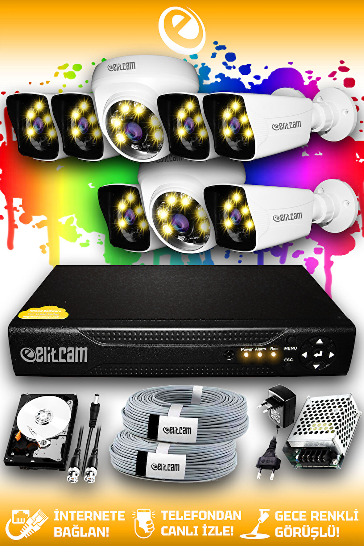 ELITCAM 8 Kameralı Kare 2 İç Kamera Set 100 GB HDD Full HD Renkli Gece Görüşlü Güvenlik Kamerası Sistemi