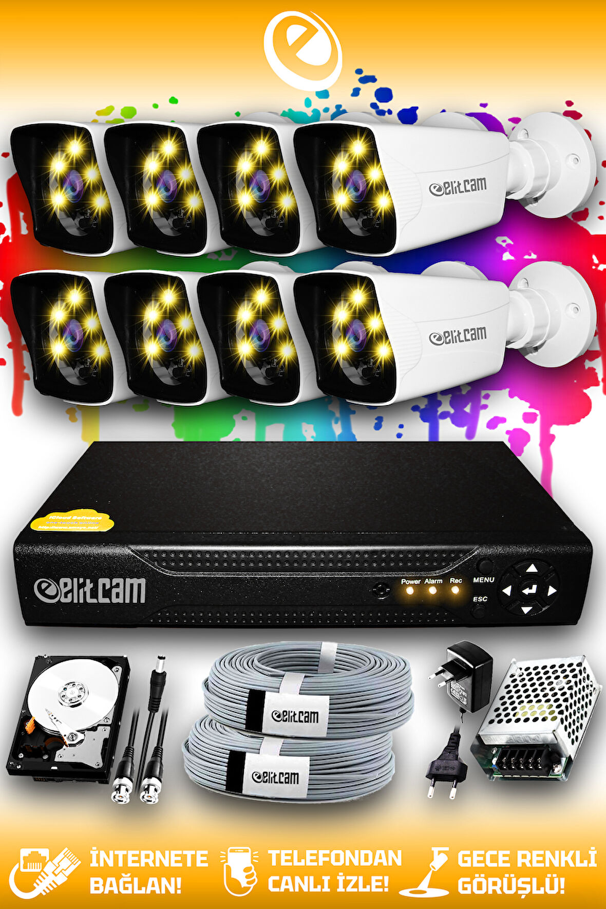 ELITCAM 8 Kameralı Kare 8 Dış Kamera Set 250 GB HDD Full HD Renkli Gece Görüşlü Güvenlik Kamerası Sistemi