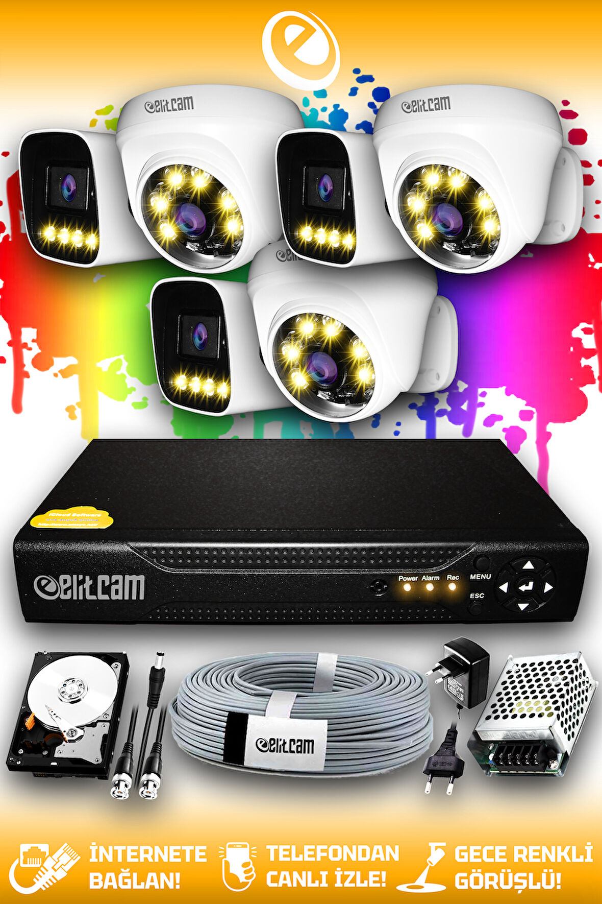 ELITCAM 6 Kameralı Zebra 3 İç Kamera Set 100 GB HDD Full HD Renkli Gece Görüşlü Güvenlik Kamerası Sistemi