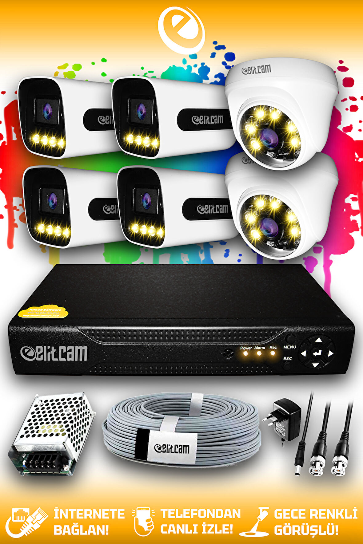 ELITCAM 6 Kameralı Zebra 2 İç Kamera Set HDD'siz Full HD Renkli Gece Görüşlü Güvenlik Kamerası Sistemi