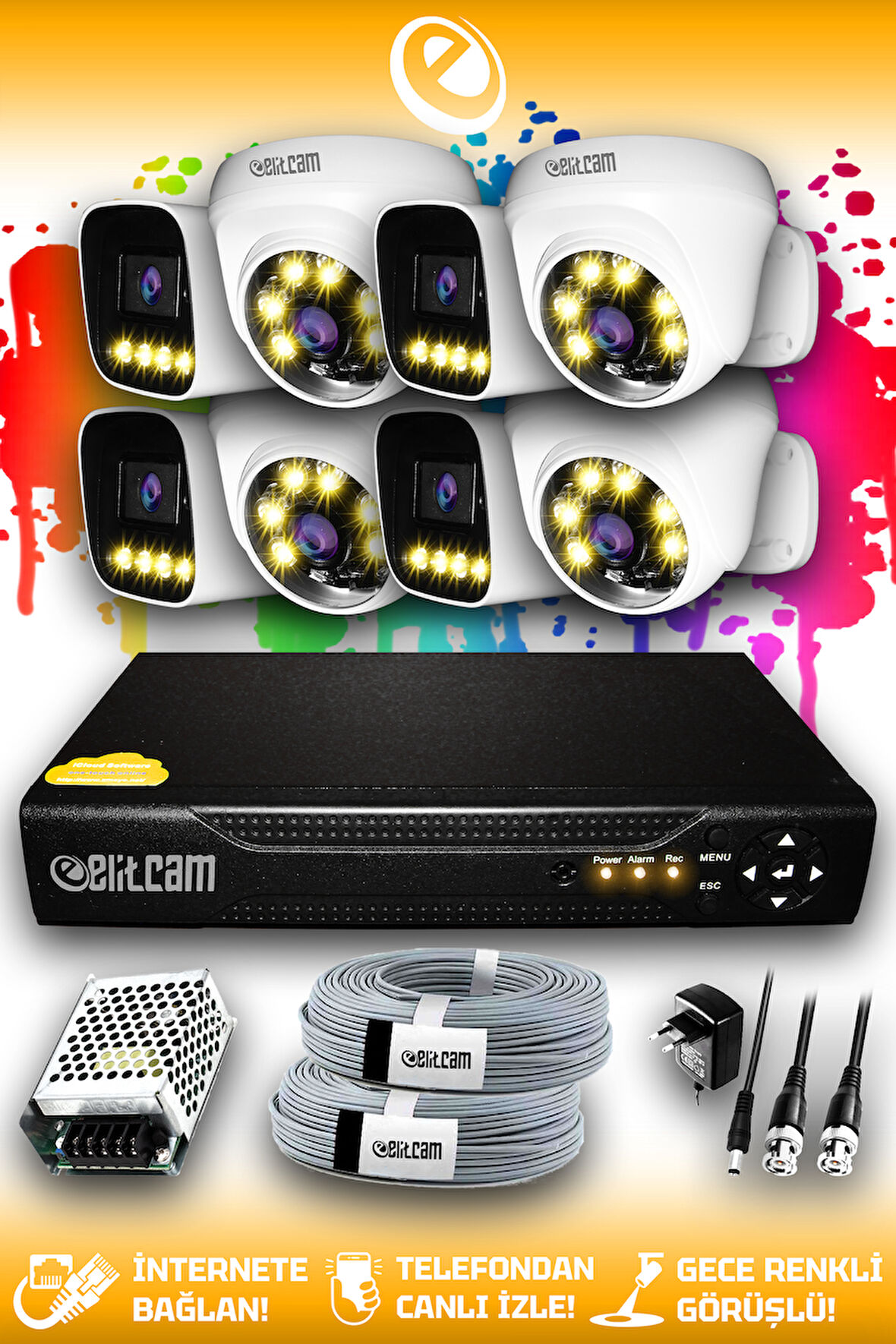 ELITCAM 8 Kameralı Zebra 4 İç Kamera Set HDD'siz Full HD Renkli Gece Görüşlü Güvenlik Kamerası Sistemi