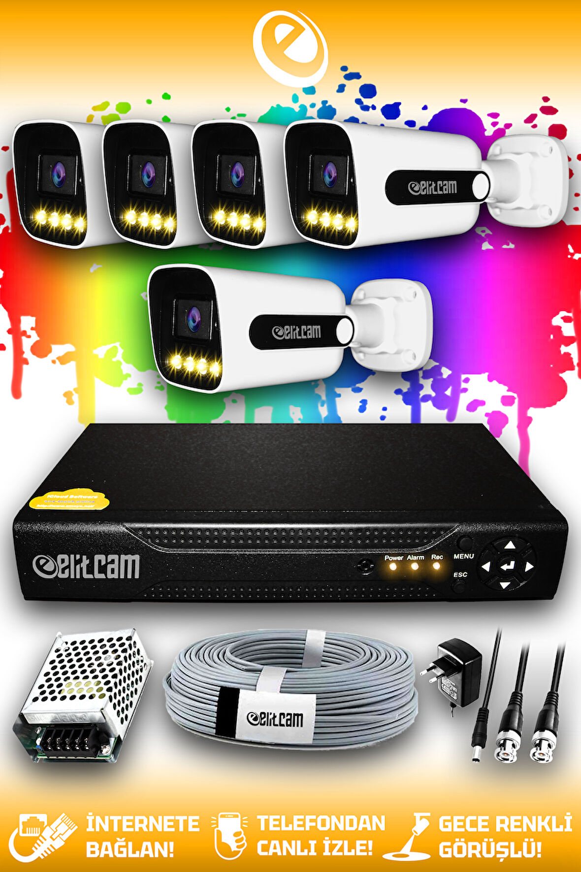 ELITCAM 5 Kameralı Zebra 5 Dış Kamera Set HDD'siz Full HD Renkli Gece Görüşlü Güvenlik Kamerası Sistemi