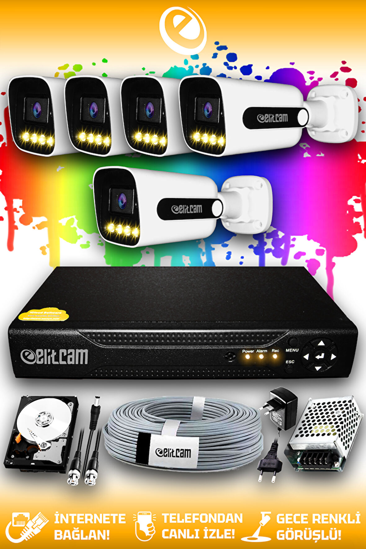 ELITCAM 5 Kameralı Zebra 5 Dış Kamera Set 100 GB HDD Full HD Renkli Gece Görüşlü Güvenlik Kamerası Sistemi
