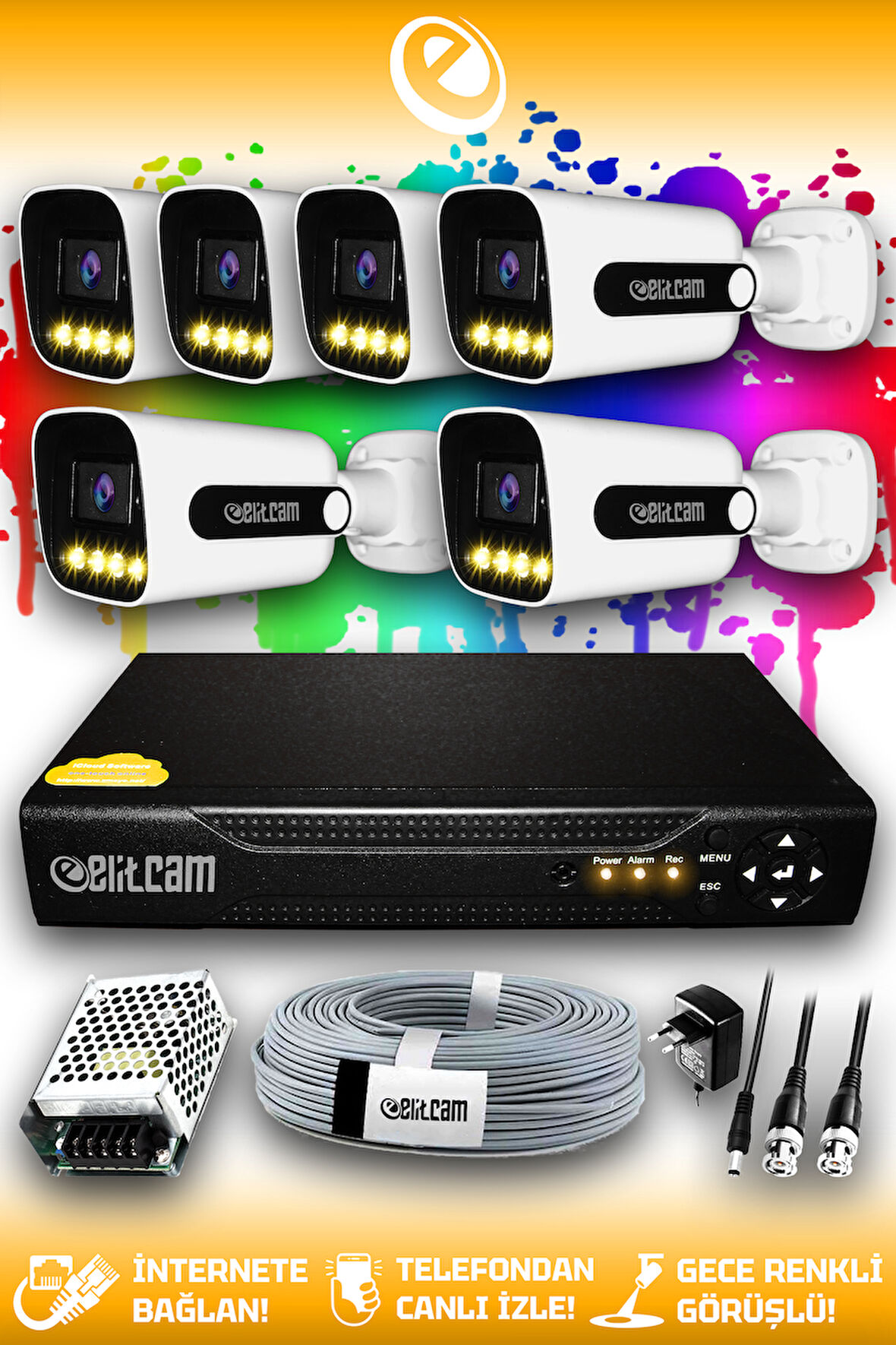 ELITCAM 6 Kameralı Zebra 6 Dış Kamera Set HDD'siz Full HD Renkli Gece Görüşlü Güvenlik Kamerası Sistemi
