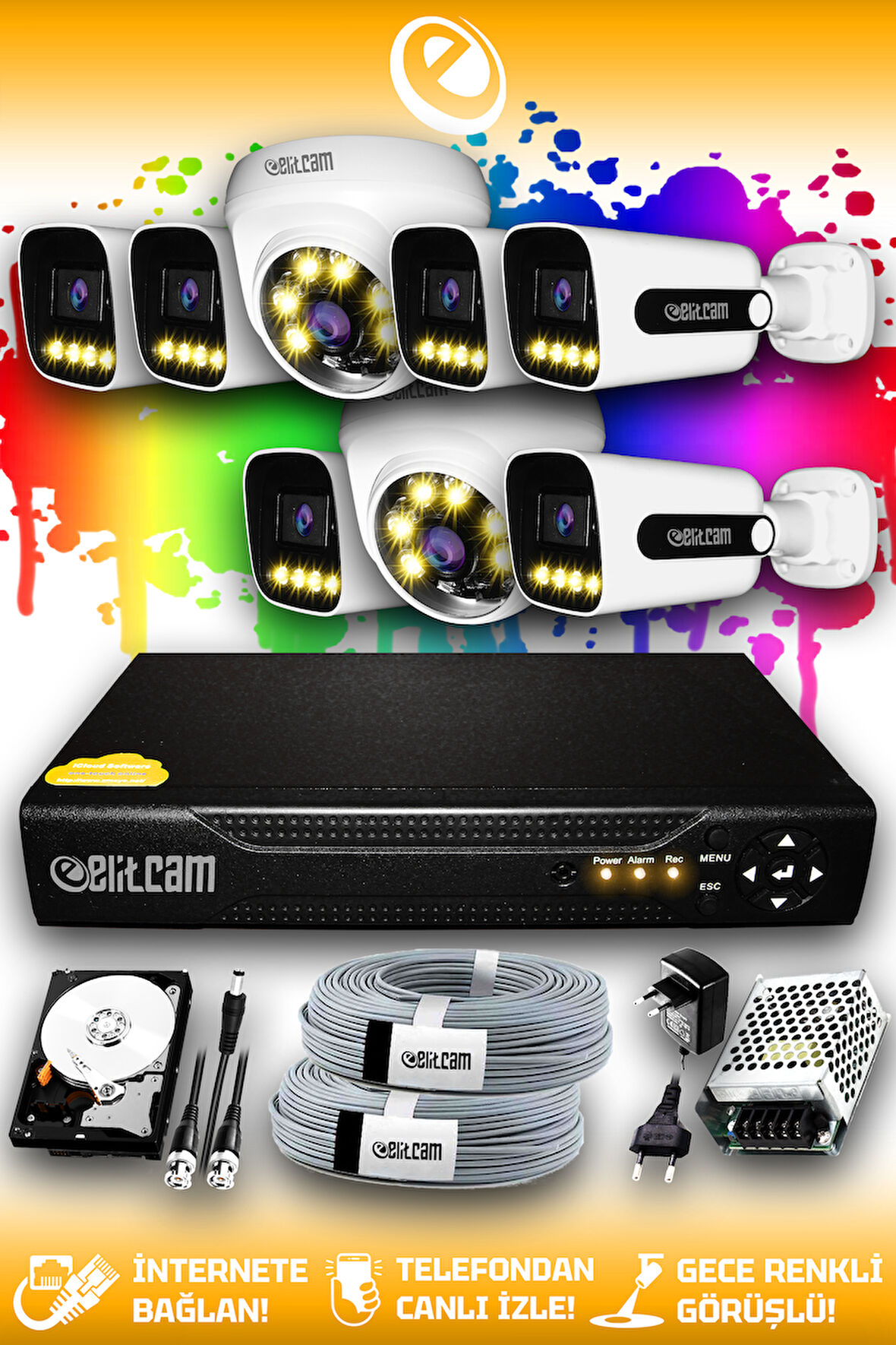 ELITCAM 8 Kameralı Zebra 2 İç Kamera Set 100 GB HDD Full HD Renkli Gece Görüşlü Güvenlik Kamerası Sistemi