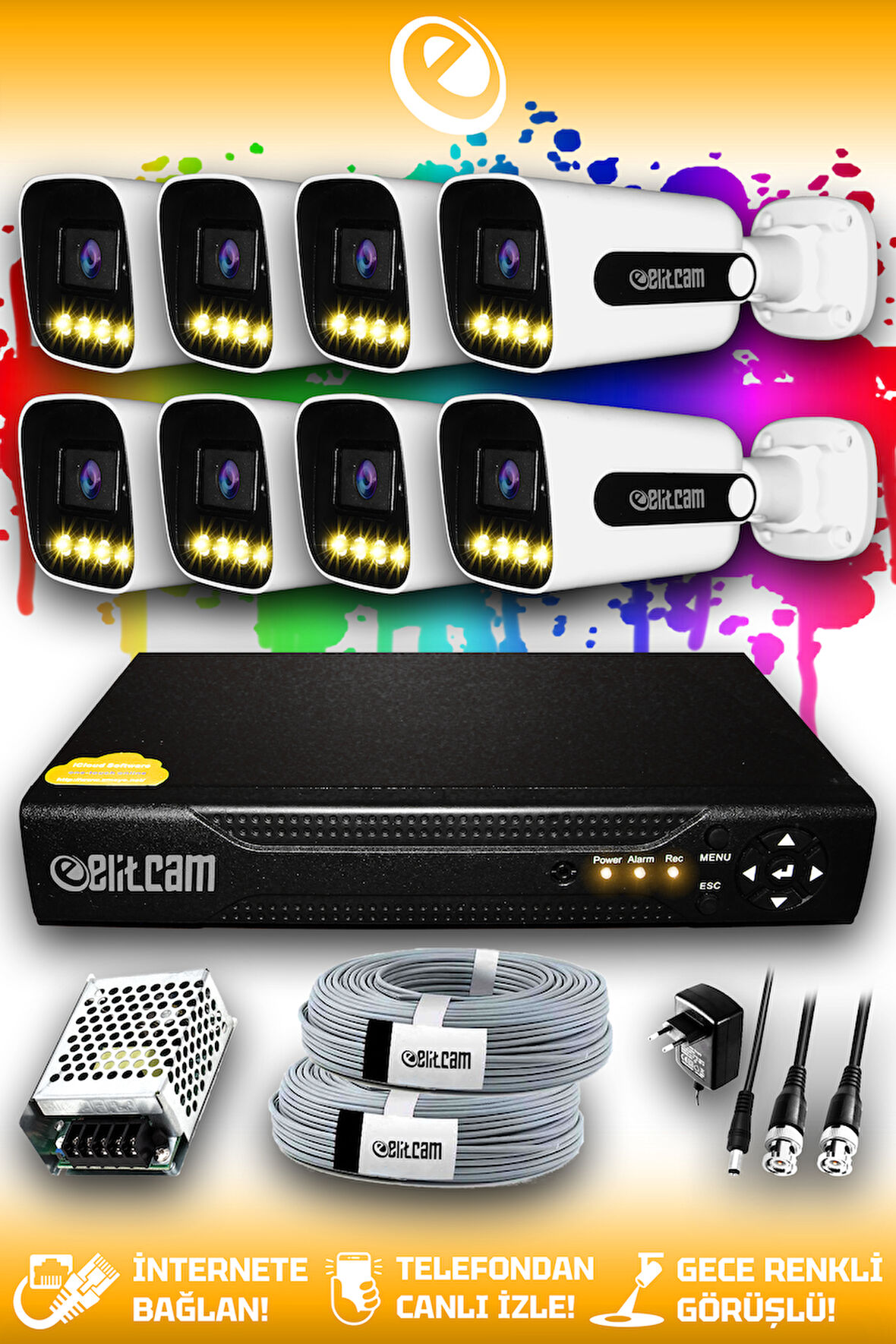 ELITCAM 8 Kameralı Zebra 8 Dış Kamera Set HDD'siz Full HD Renkli Gece Görüşlü Güvenlik Kamerası Sistemi