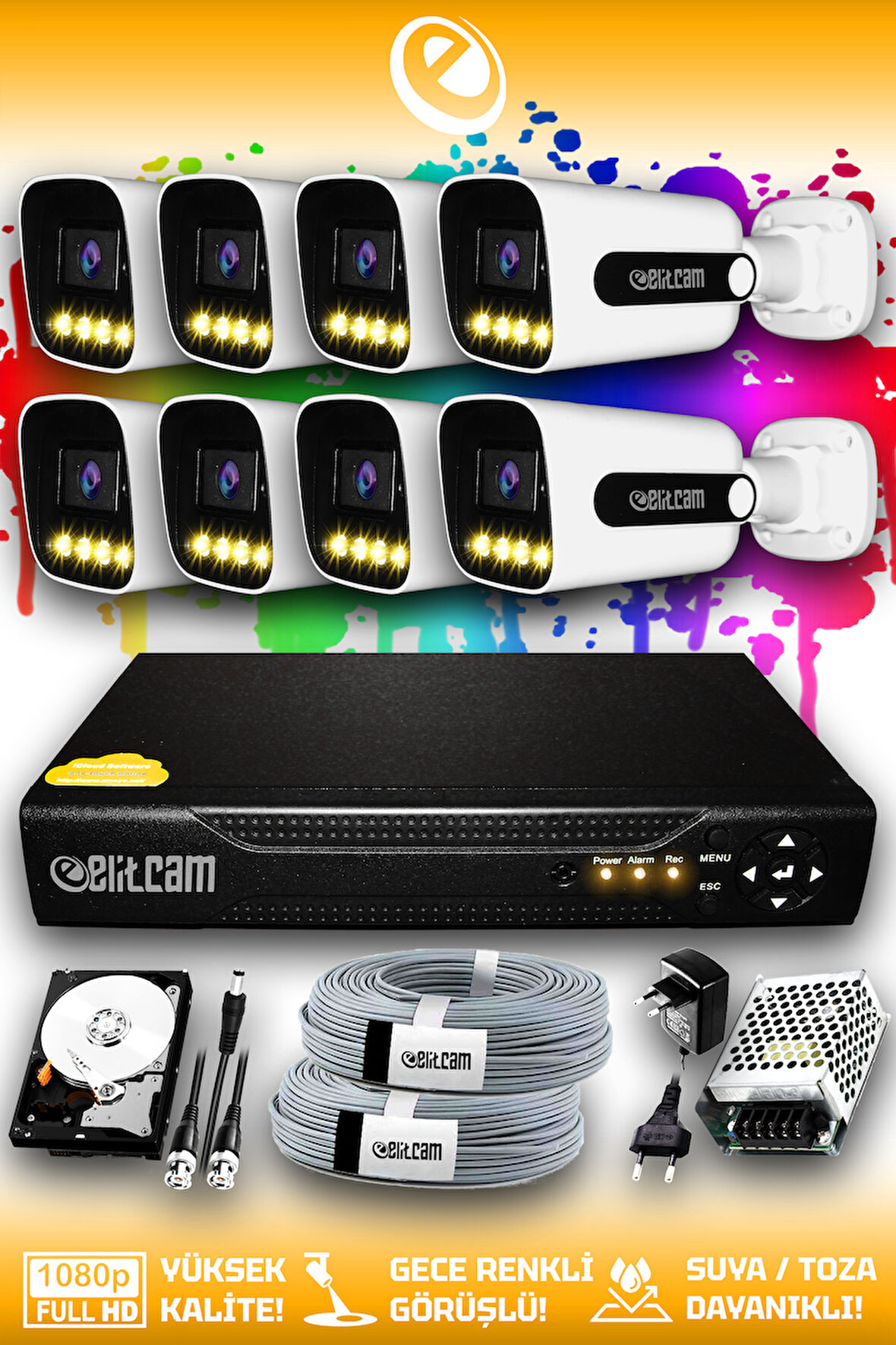 ELITCAM 8 Kameralı Zebra 8 Dış Kamera Set 100 GB HDD Full HD Renkli Gece Görüşlü Güvenlik Kamerası Sistemi