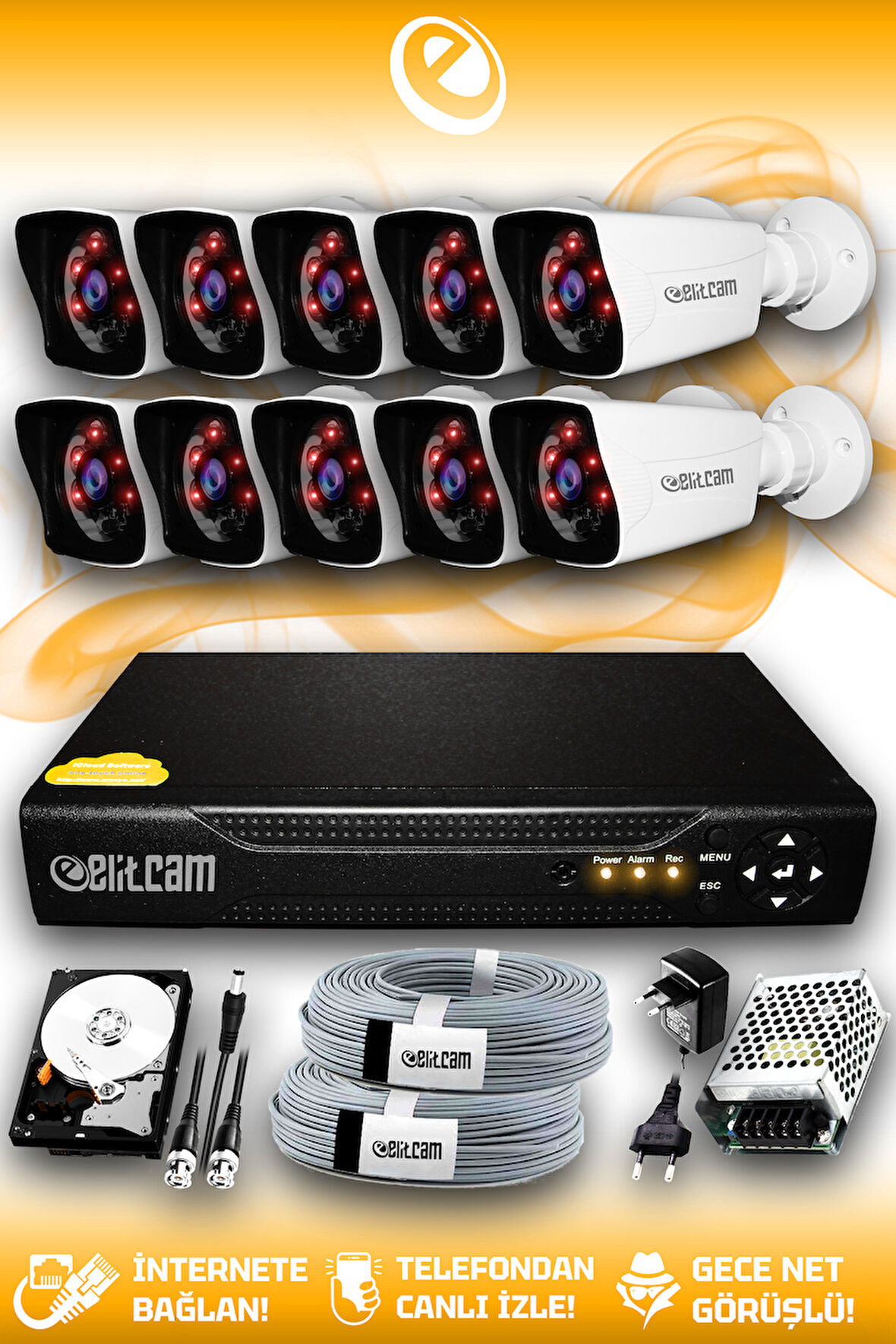 ELITCAM 10 Kameralı Kare 10 Dış Kamera Set 100 GB HDD Full HD Gece Görüşlü Güvenlik Kamerası Sistemi