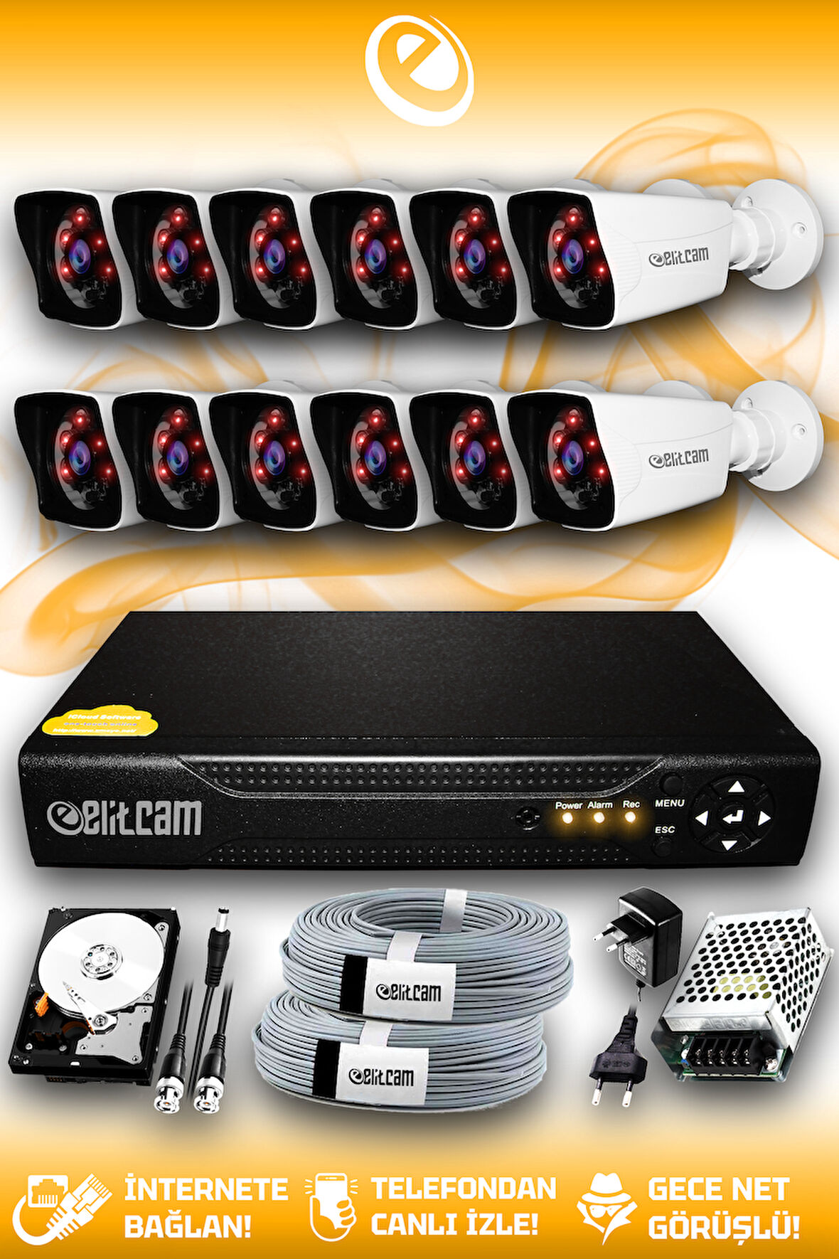ELITCAM 12 Kameralı Kare 12 Dış Kamera Set 100 GB HDD Full HD Gece Görüşlü Güvenlik Kamerası Sistemi