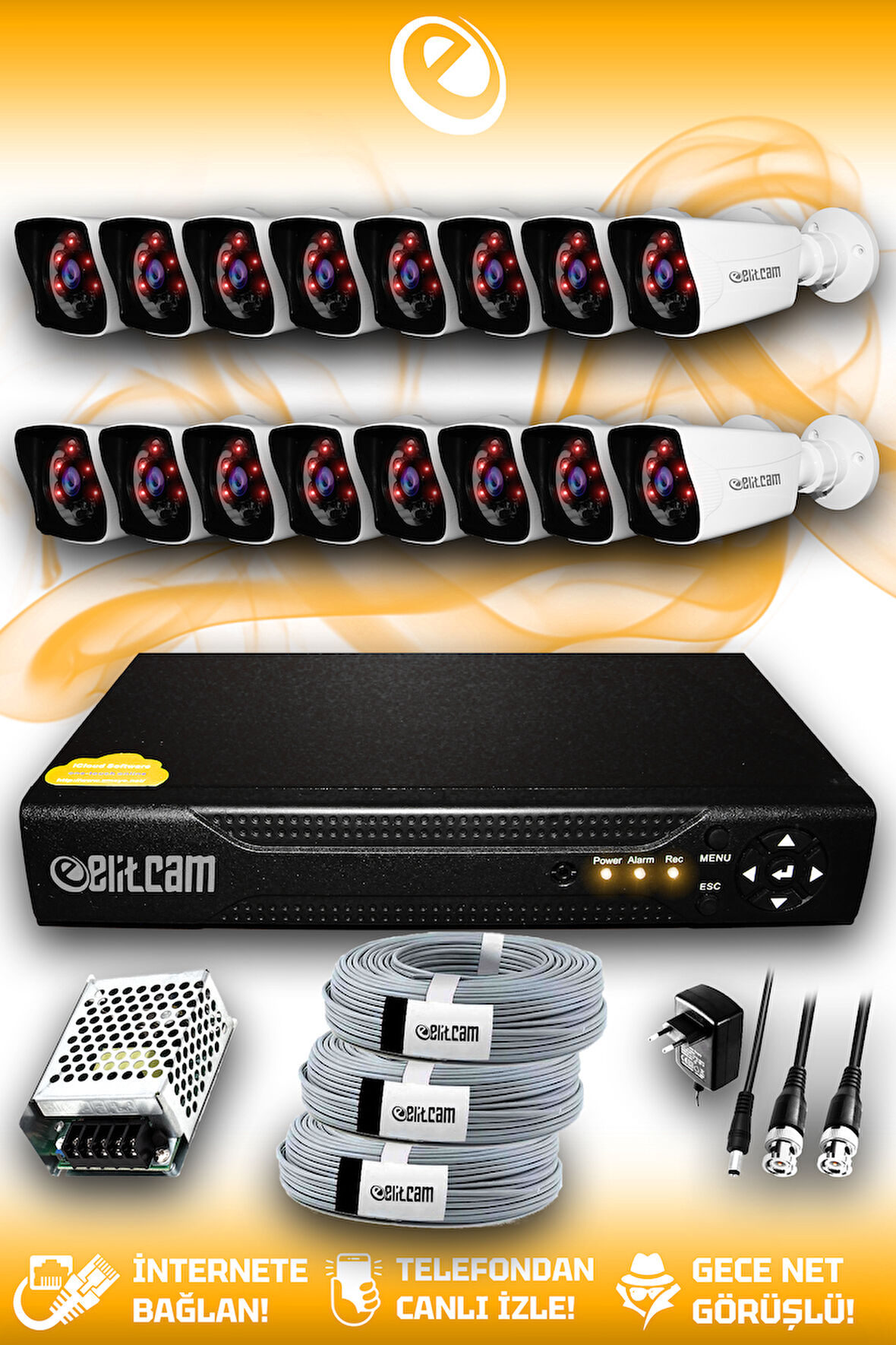 ELITCAM 16 Kameralı Kare 16 Dış Kamera Set HDD'siz Full HD Gece Görüşlü Güvenlik Kamerası Sistemi