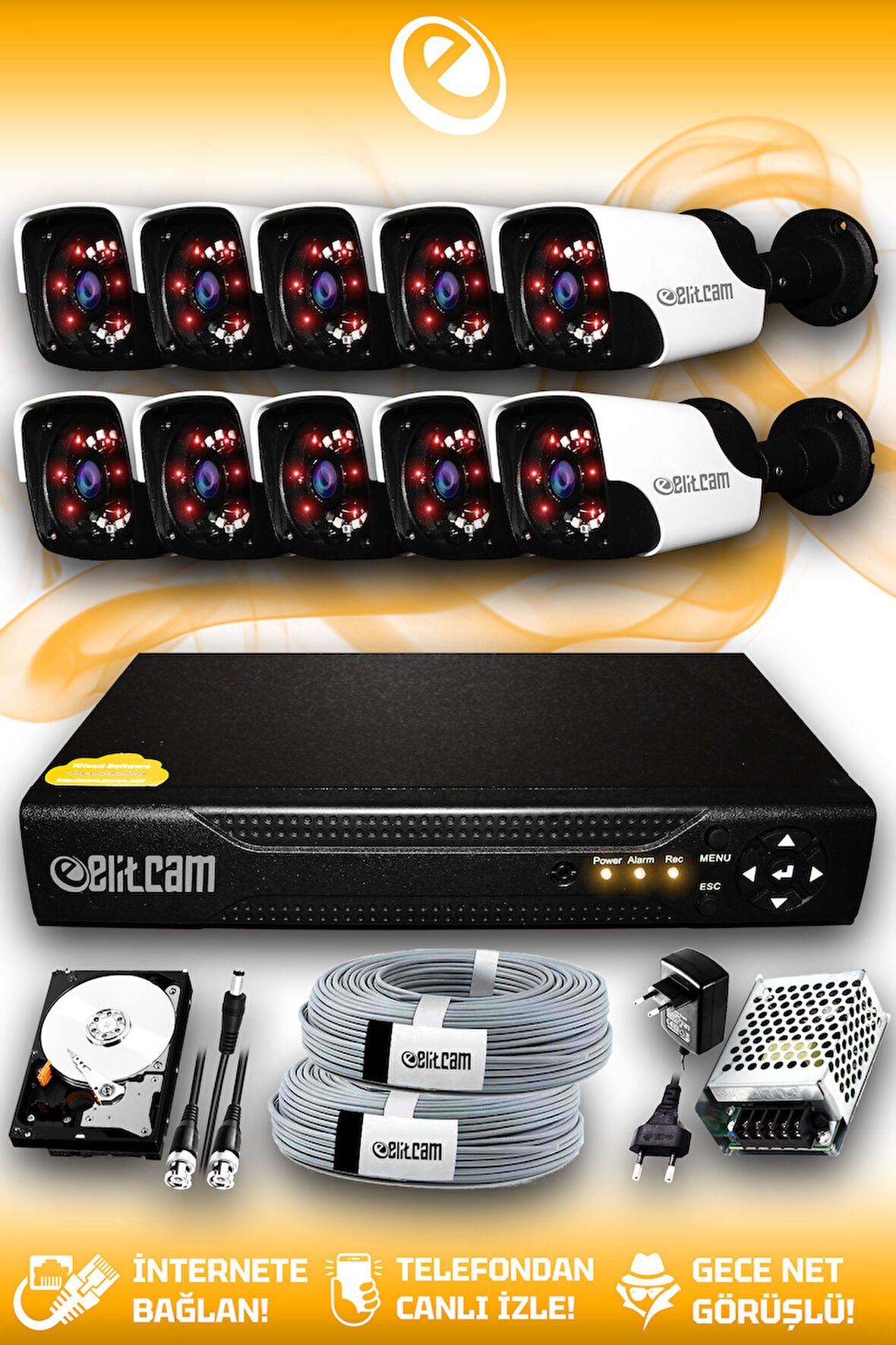 ELITCAM 10 Kameralı Panda 10 Dış Kamera Set 100 GB HDD Full HD Gece Görüşlü Güvenlik Kamerası Sistemi