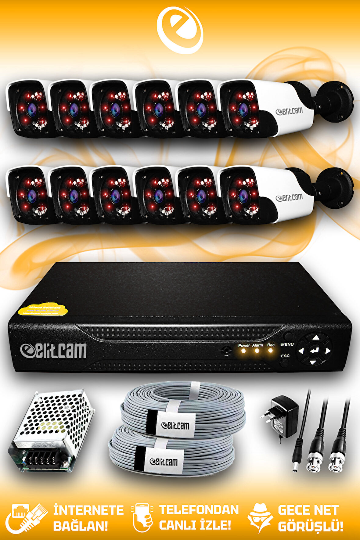 ELITCAM 12 Kameralı Panda 12 Dış Kamera Set HDD'siz Full HD Gece Görüşlü Güvenlik Kamerası Sistemi
