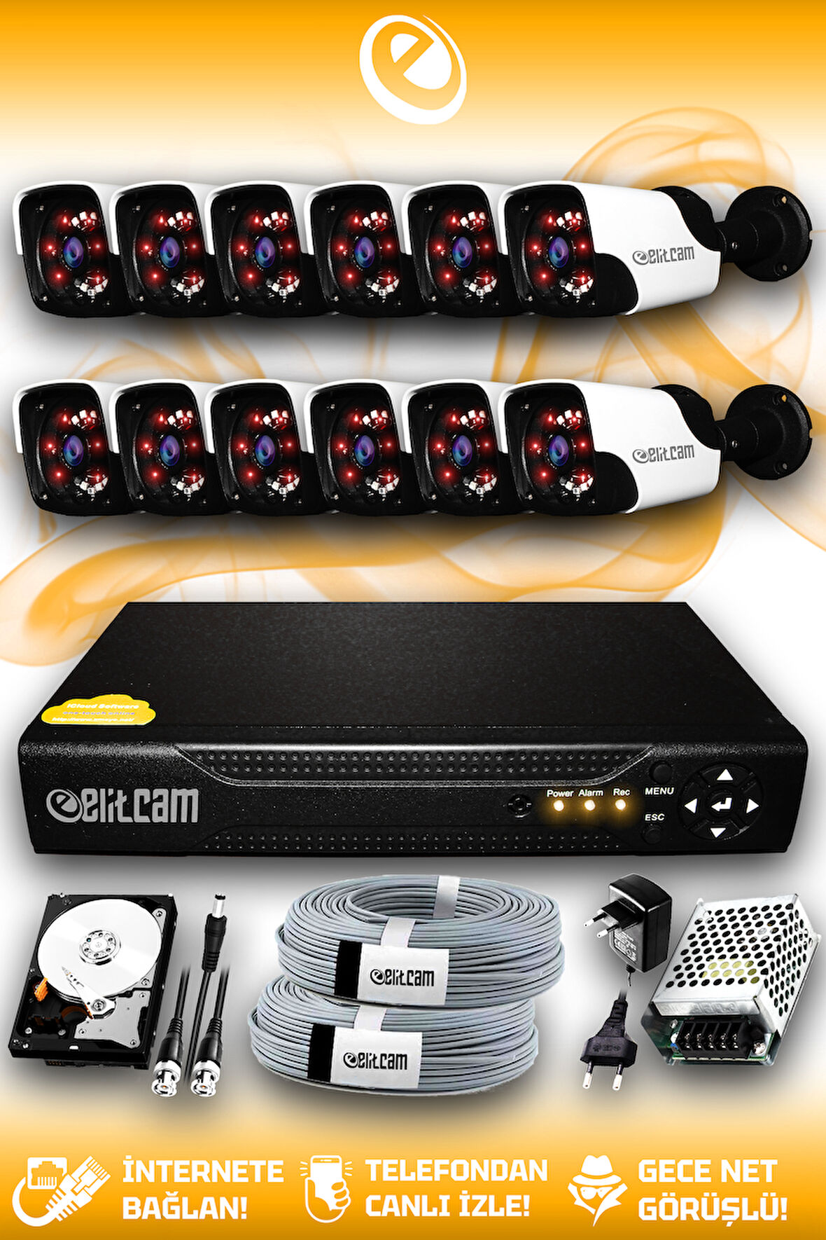 ELITCAM 12 Kameralı Panda 12 Dış Kamera Set 320 GB HDD Full HD Gece Görüşlü Güvenlik Kamerası Sistemi