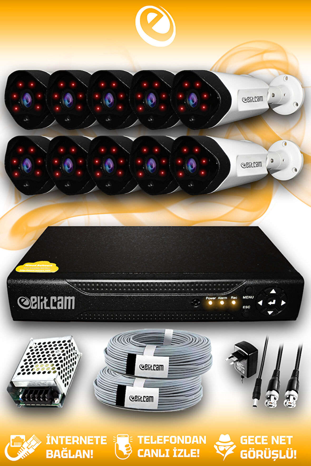 ELITCAM 10 Kameralı Uzay 10 Dış Kamera Set HDD'siz Full HD Gece Görüşlü Güvenlik Kamerası Sistemi