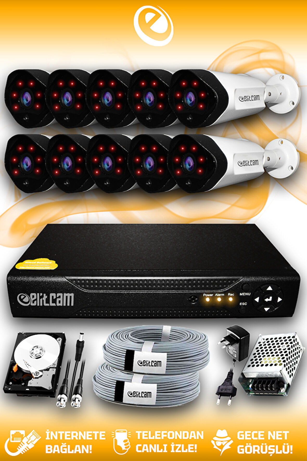 ELITCAM 10 Kameralı Uzay 10 Dış Kamera Set 320 GB HDD Full HD Gece Görüşlü Güvenlik Kamerası Sistemi