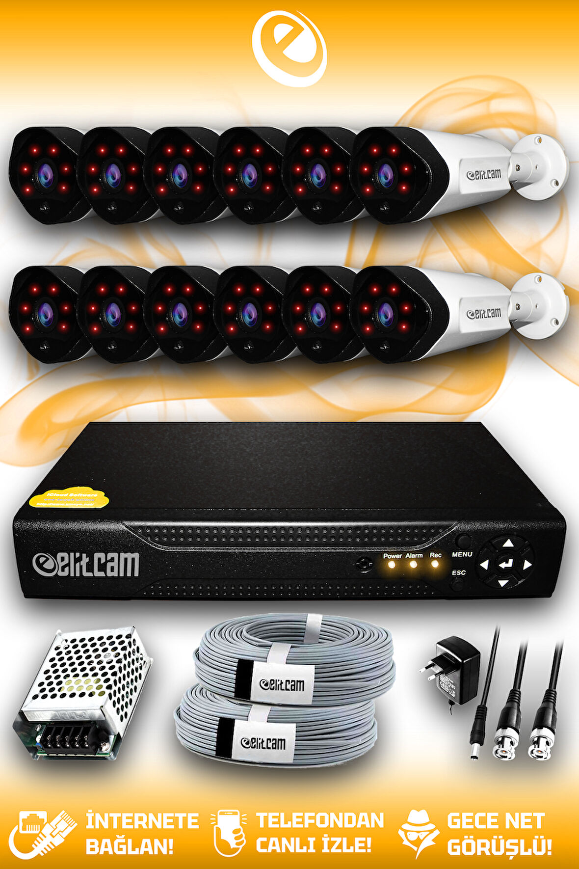 ELITCAM 12 Kameralı Uzay 12 Dış Kamera Set HDD'siz Full HD Gece Görüşlü Güvenlik Kamerası Sistemi