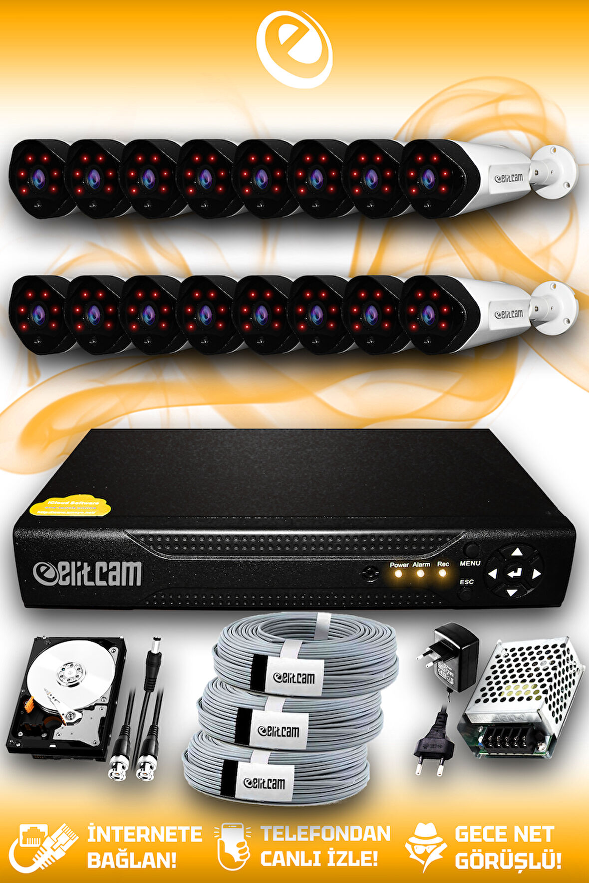 ELITCAM 16 Kameralı Uzay 16 Dış Kamera Set 250 GB HDD Full HD Gece Görüşlü Güvenlik Kamerası Sistemi