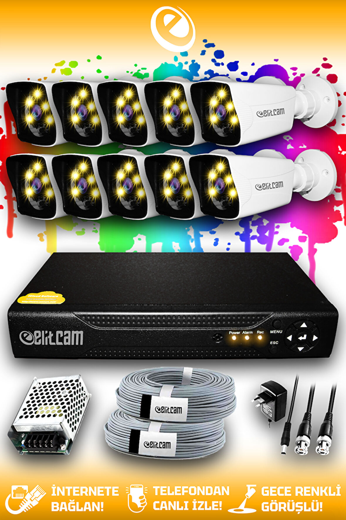 ELITCAM 10 Kameralı Kare 10 Dış Kamera Set HDD'siz Full HD Renkli Gece Görüşlü Güvenlik Kamerası Sistemi