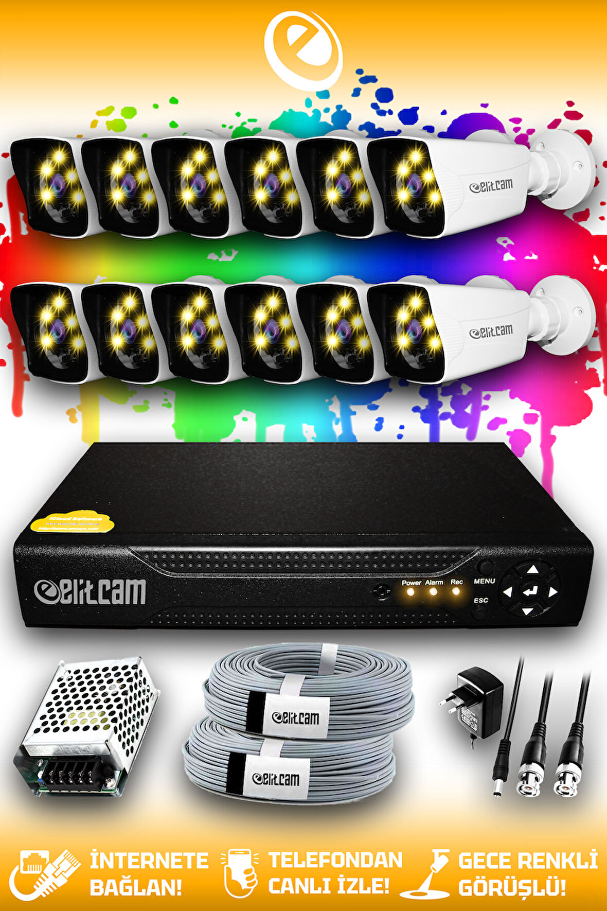 ELITCAM 12 Kameralı Kare 12 Dış Kamera Set HDD'siz Full HD Renkli Gece Görüşlü Güvenlik Kamerası Sistemi