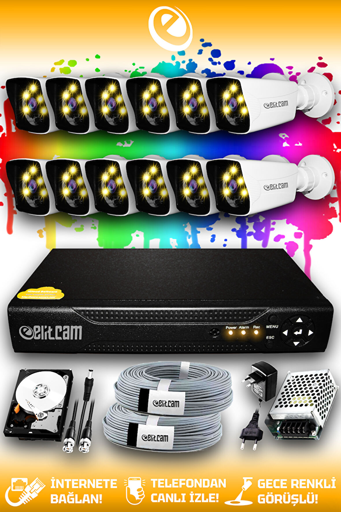 ELITCAM 12 Kameralı Kare 12 Dış Kamera Set 100 GB HDD Full HD Renkli Gece Görüşlü Güvenlik Kamerası Sistemi