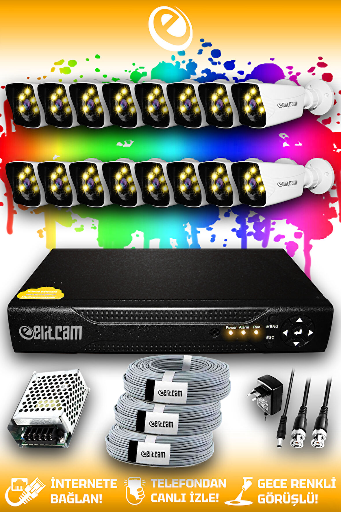 ELITCAM 16 Kameralı Kare 16 Dış Kamera Set HDD'siz Full HD Renkli Gece Görüşlü Güvenlik Kamerası Sistemi