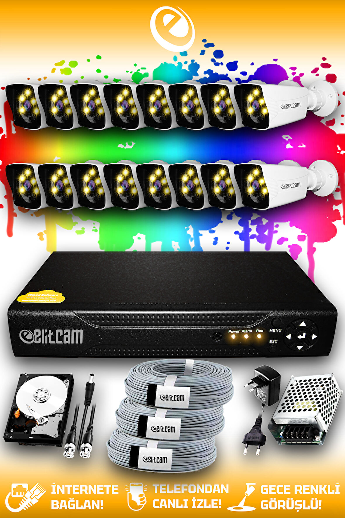 ELITCAM 16 Kameralı Kare 16 Dış Kamera Set 100 GB HDD Full HD Renkli Gece Görüşlü Güvenlik Kamerası Sistemi
