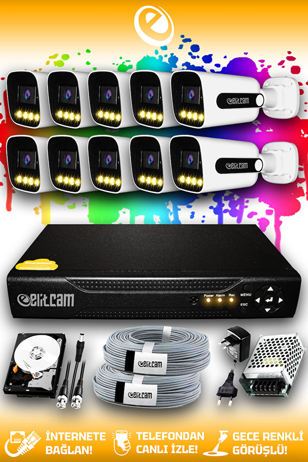ELITCAM 10 Kameralı Zebra 10 Dış Kamera Set 250 GB HDD Full HD Renkli Gece Görüşlü Güvenlik Kamerası Sistemi