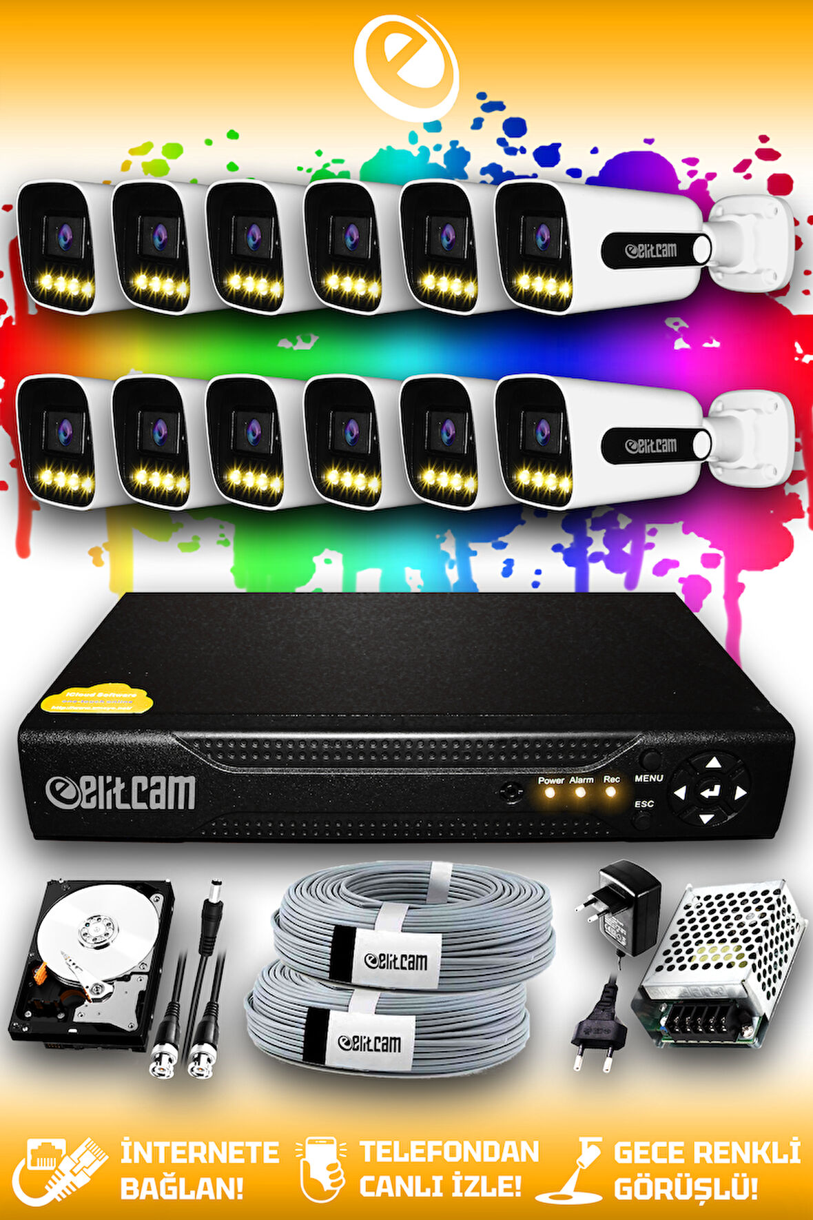 ELITCAM 12 Kameralı Zebra 12 Dış Kamera Set 2 TB HDD Full HD Renkli Gece Görüşlü Güvenlik Kamerası Sistemi